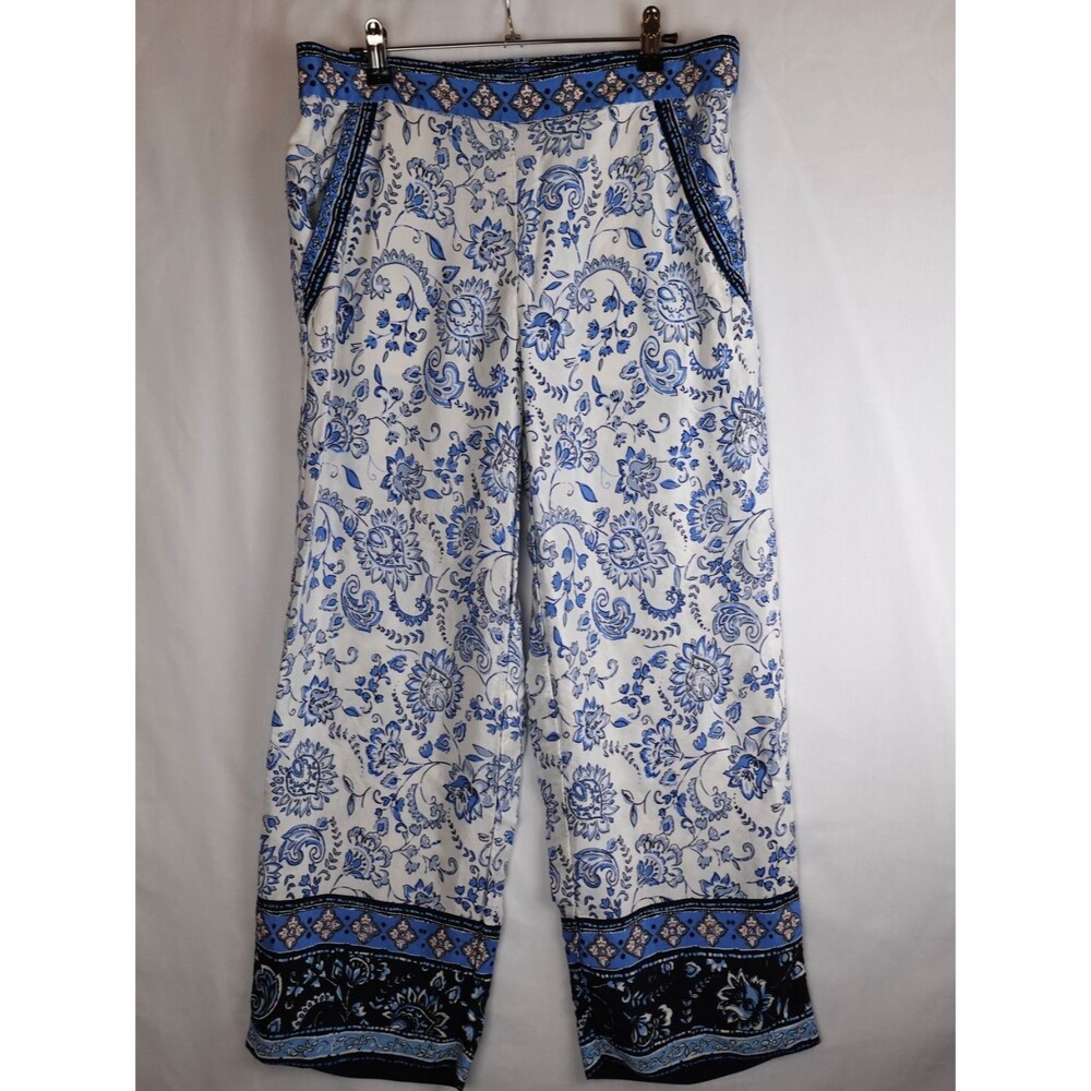 Loft Fluid Pull On Wide Leg Pants in Paisley Women's Small Blue & White Flowy